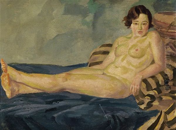 Reclining Female Nude On Blue And Striped Blankets Oil Painting by John French Sloan