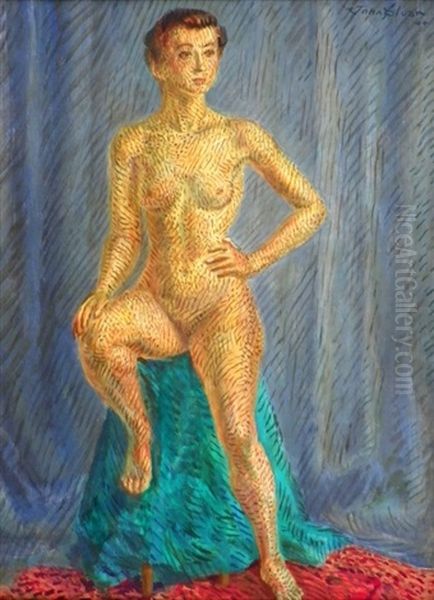 Nude, Green Drape, High Stool Oil Painting by John French Sloan