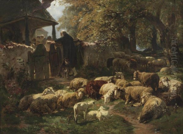 A Shepherd With His Sheep And Lambs Leaning Over A Fence Watching Villagers Attending Mass Oil Painting by Anton Braith