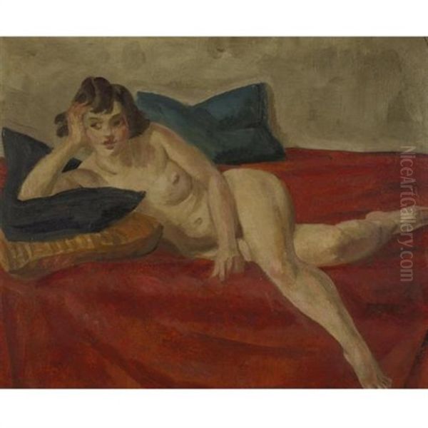 Seated Nude On Red Velvet Oil Painting by John French Sloan