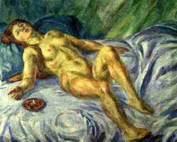 Nude, Blue Swirl, Couch And Ashtray Oil Painting by John French Sloan