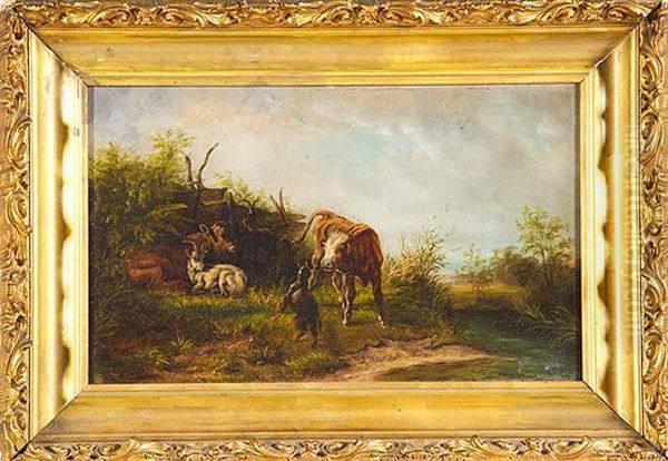 Cows And Goats Oil Painting by Anton Braith