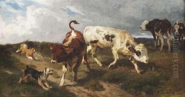 Two Little Calfs Withdogs. Oil Painting by Anton Braith