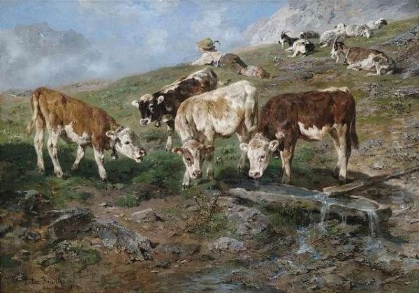 Young Cattle In Tyrol Oil Painting by Anton Braith