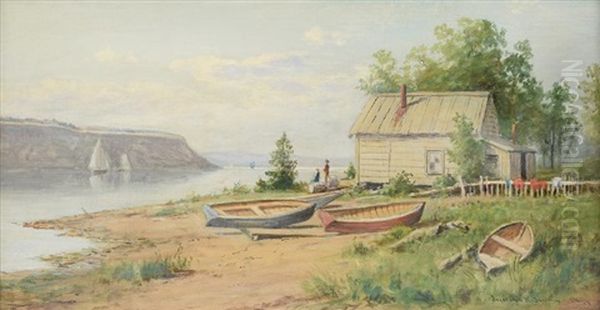 Fisherman Shack On Hudson River Oil Painting by Junius R. Sloan