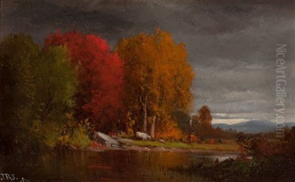 Hudson River Landscape In Autumn Oil Painting by Junius R. Sloan