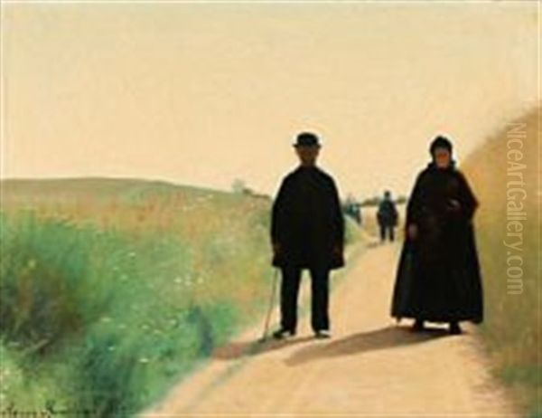 Churchgoers On A Summer's Day Oil Painting by Agnes Slott-Moller