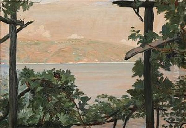 Italian Landscape With View Of A Lake And Mountains In The Background Oil Painting by Agnes Slott-Moller