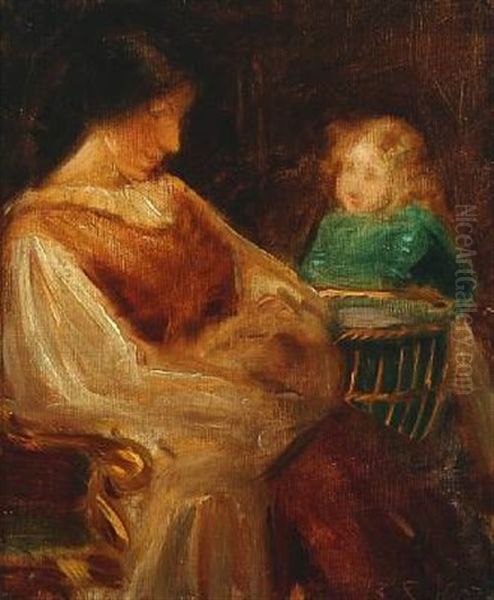 Interior With Girl In Green Dress Watching Mother With Baby Oil Painting by Agnes Slott-Moller