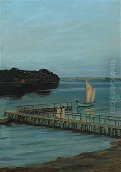 Evening Scenery By The Sea With Two Women On A Wooden Pier Oil Painting by Agnes Slott-Moller