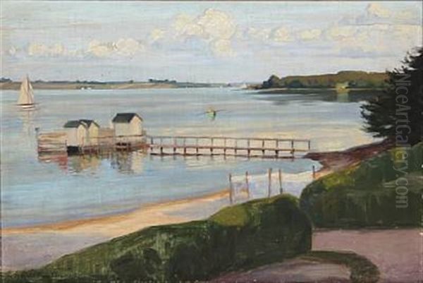 Summer Day At A Fiord With A Wooden Pier Oil Painting by Agnes Slott-Moller