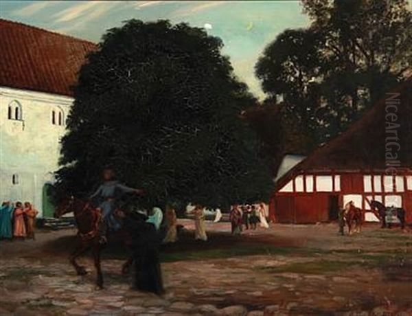 Hr. Oluf Han Rider (the Knight Oluf Is Leaving - Motif From Borglum Monastery From The Danish Folk Song Elverskud) Oil Painting by Agnes Slott-Moller