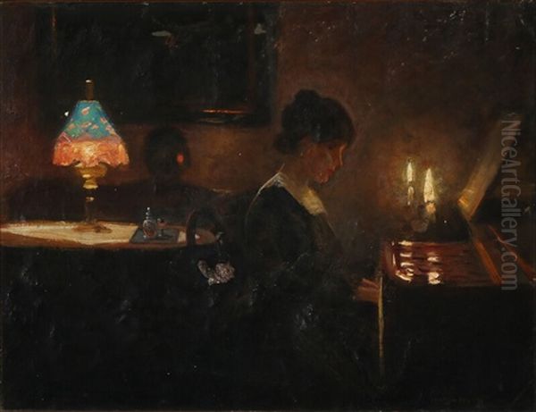 Interior With A Woman At The Piano Oil Painting by Harald Slott-Moller