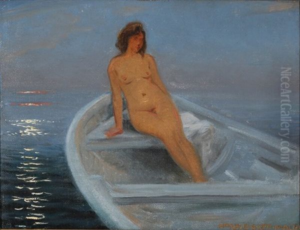 A Female Nude In A Rowing Boat At Sunset Oil Painting by Harald Slott-Moller