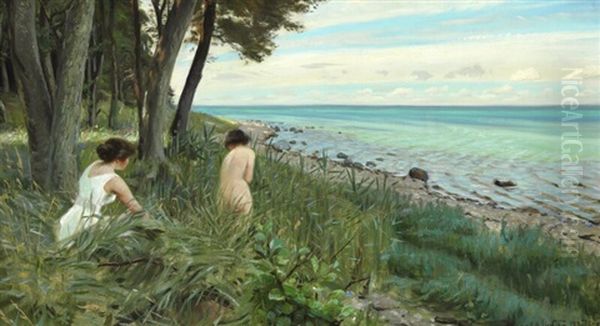 Two Bathing Girls On The Beach On The Island Als Oil Painting by Harald Slott-Moller