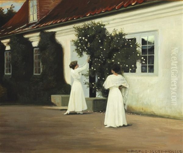 Two Young Girls In Long White Dresses Picking Roses In The Garden Oil Painting by Harald Slott-Moller