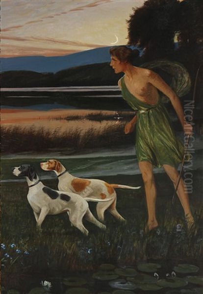 The Hunting Goddess Diana With Two Dogs Oil Painting by Harald Slott-Moller