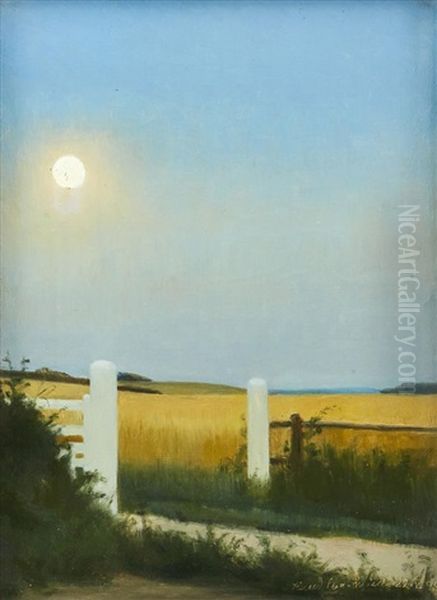 A White Gate By A Field At Full Moon Oil Painting by Harald Slott-Moller