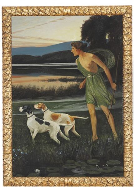 The Hunting Goddess Diana With Two Dogs Oil Painting by Harald Slott-Moller