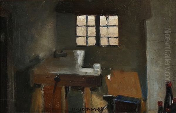 Interior From A Workshop Oil Painting by Harald Slott-Moller