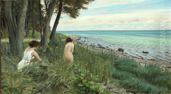 Two Bathing Girls At The Beach On Als Oil Painting by Harald Slott-Moller