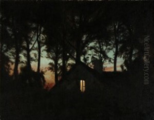 Dusky View With A House, Light Coming From An Open Window Oil Painting by Harald Slott-Moller