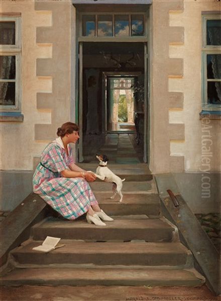 A Woman And Her Dog Oil Painting by Harald Slott-Moller