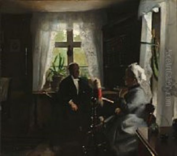 An Elderly Couple In Their Living Room Oil Painting by Harald Slott-Moller