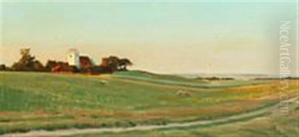 Danish Summerlandscape With A Village Church Oil Painting by Harald Slott-Moller