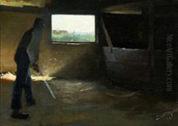 Interior From A Stable Oil Painting by Harald Slott-Moller