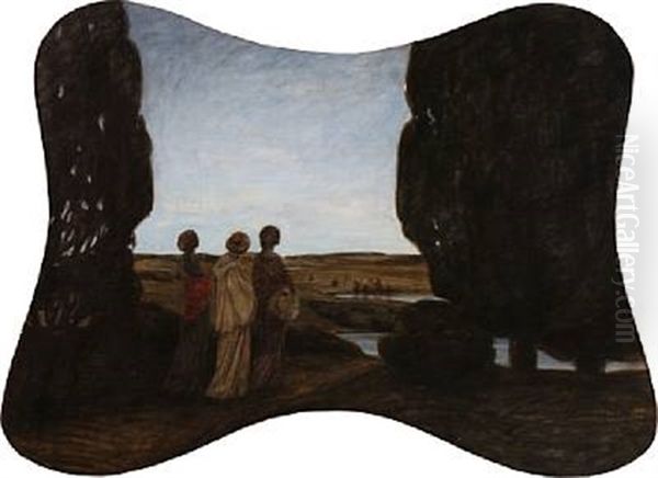 Three Women Looking Out Over A Landscape, Evening Oil Painting by Harald Slott-Moller