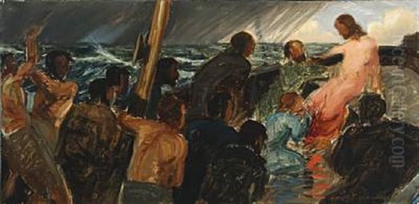 Jesus Calms The Storm Oil Painting by Harald Slott-Moller