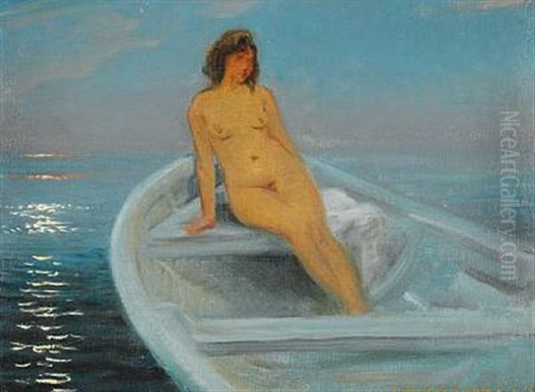 A Female Nude In A Rowboat At Sunset Oil Painting by Harald Slott-Moller