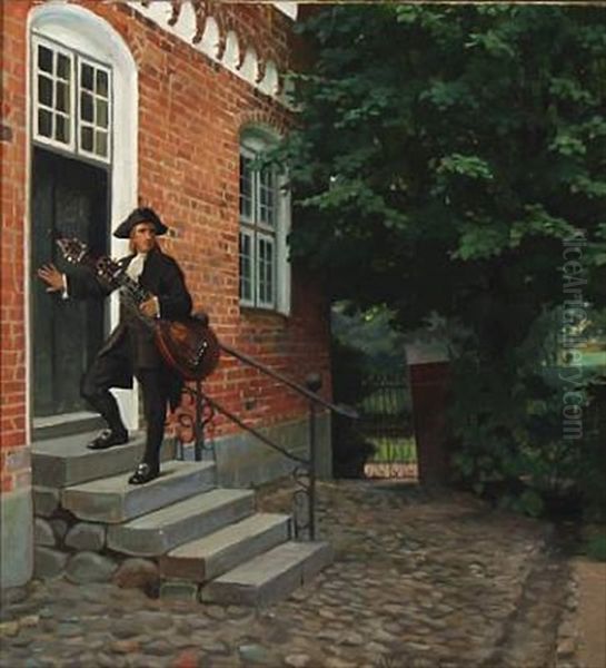 A Musician At A Doorstep Oil Painting by Harald Slott-Moller