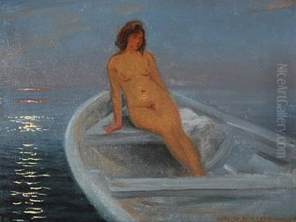 A Nude Female In A Rowboat At Sunset Oil Painting by Harald Slott-Moller