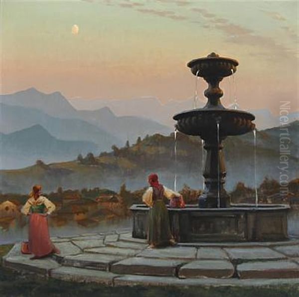 Two Italian Women At A Fountain Oil Painting by Harald Slott-Moller