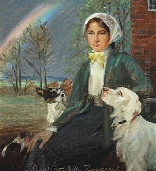 Under The Rainbow. A Young Woman With Her Dogs At Ryomgaard Oil Painting by Harald Slott-Moller