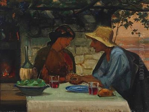 Couple Sitting Under A Pergola Oil Painting by Harald Slott-Moller