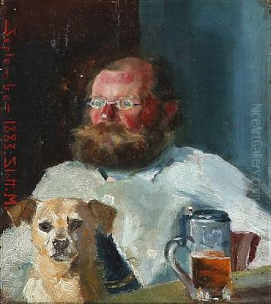 A Gentleman With A Beard Drinking Beer In Company With His Dog Oil Painting by Harald Slott-Moller