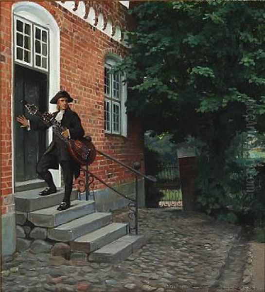 A Musician At A Doorstep Oil Painting by Harald Slott-Moller