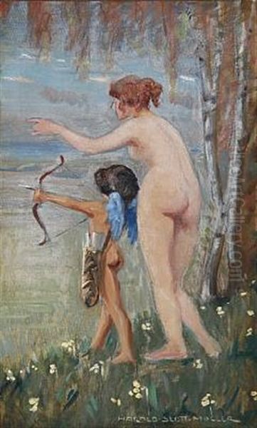 Cupid And Venus Oil Painting by Harald Slott-Moller