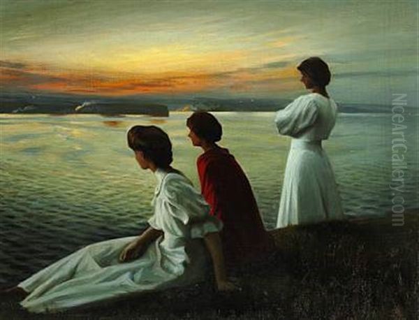 Midsummer's Eve. Three Young Women Enjoying The Bright And Gentle Evening Oil Painting by Harald Slott-Moller