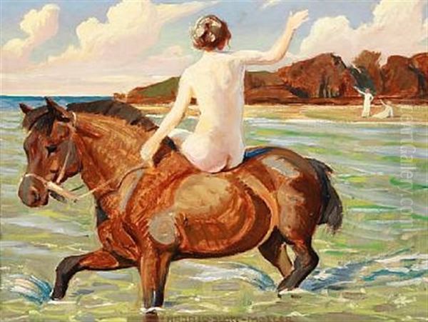 Back Of A Nude Woman On Horseback In The Shallows by Harald Slott-Moller