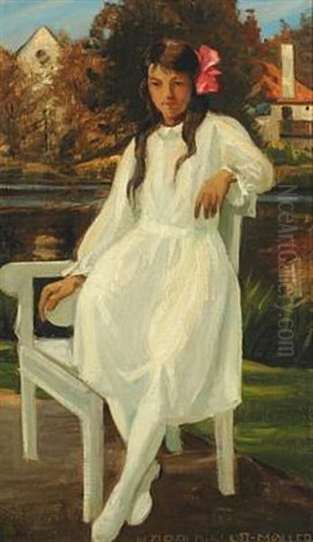 A Young Girl In A White Dress Oil Painting by Harald Slott-Moller