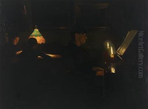 Interior With A Young Woman Playing Piano By Candle Light Oil Painting by Harald Slott-Moller