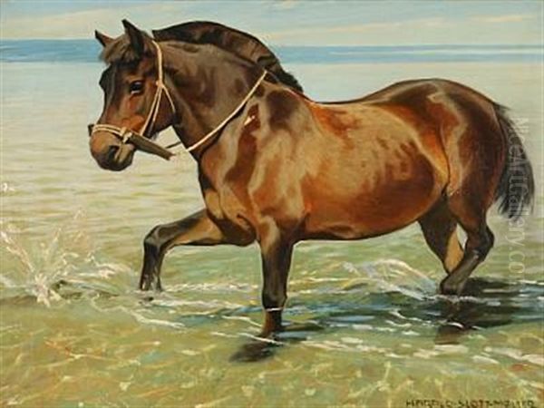 A Horse Enjoys The Summer In The Waterline Oil Painting by Harald Slott-Moller