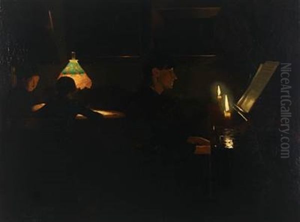 Interior With A Young Woman Playing Piano In The Light Of Candles, In The Background Grandmother And Girl At A Table Oil Painting by Harald Slott-Moller