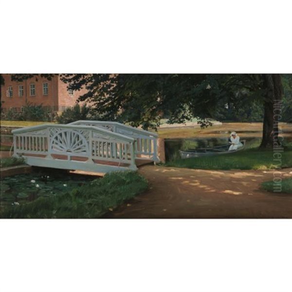 Pa Sejltur Ved Jordene Omkring Sostrup Slot, Gjerrild (boating In The Grounds Of Sostrup Castle, Gjerrild) Oil Painting by Harald Slott-Moller