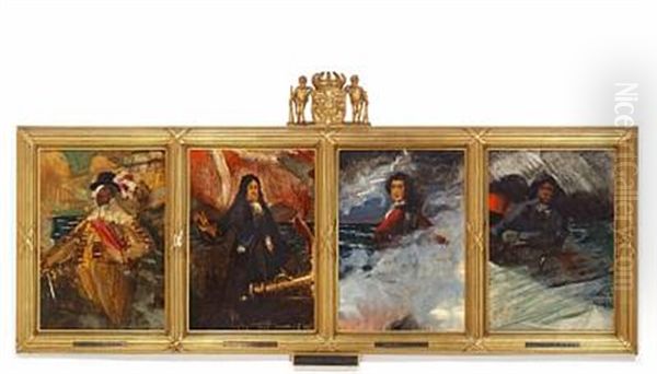 Historic Sketches With The Danish Naval Heroes Christian Iv, Niels Juel, Tordenskjold (peder Wessel) And A Danish Fisherman (4 Works In 1 Frame) Oil Painting by Harald Slott-Moller