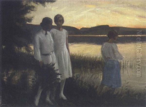 Maidens By The Lake At Dusk Oil Painting by Harald Slott-Moller